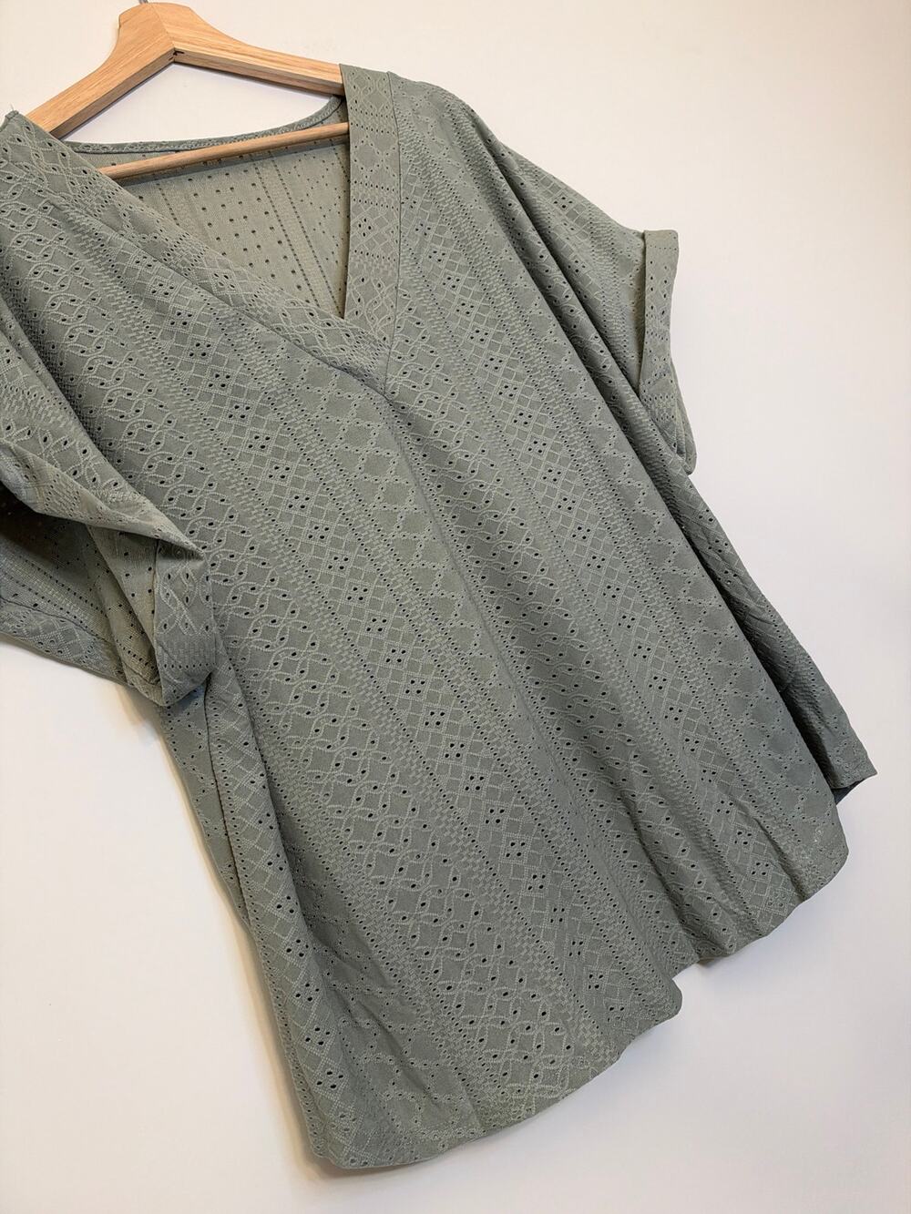 Shein Sage Green Eyelet Lace V-Neck Top Size 2XL